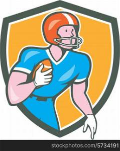 Illustration of an american football gridiron player holding ball rusher running looking to the side set inside shield crest on isolated background done in cartoon style. . American Football Player Rusher Shield Retro