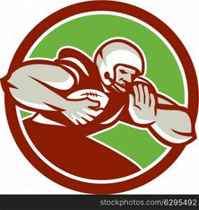Illustration of an american football gridiron player holding ball rushing fending off defend viewed from the side set inside circle on isolated background done in retro style. . American Football Player Rushing Fending Circle Retro