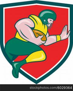 Illustration of an american football gridiron player running back charging with ball viewed from the side set inside shield crest on isolated background done in cartoon style. . American Football Running Back Charging Crest Cartoon