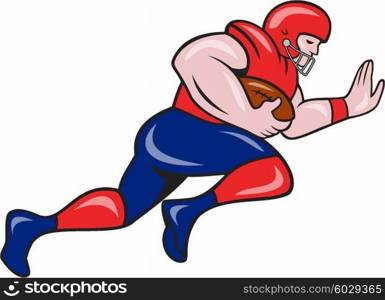 Illustration of an american football gridiron player running back charging with ball viewed from the side set on isolated white background done in cartoon style. . American Football Running Back Charging Cartoon