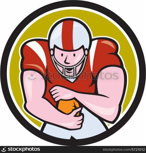 Illustration of an american football gridiron player running back with ball facing front fending set inside circle on isolated background done in cartoon style. . American Football Running Back Circle Cartoon