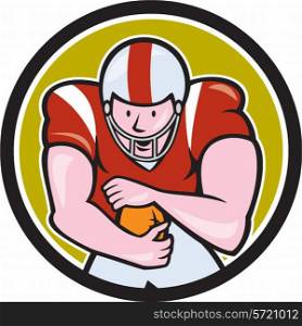 Illustration of an american football gridiron player running back with ball facing front fending set inside circle on isolated background done in cartoon style. . American Football Running Back Circle Cartoon