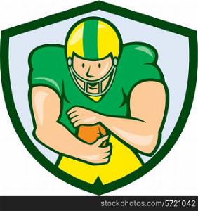 Illustration of an american football gridiron player running back with ball facing front fending set inside shield crest on isolated background done in cartoon style. . American Football Running Back Shield Cartoon