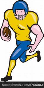 Illustration of an american football gridiron player running back with ball facing side set on isolated white background done in cartoon style. . American Football Running Back Cartoon