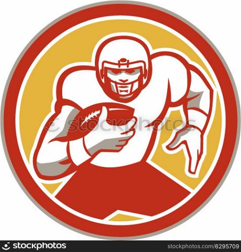 Illustration of an american football gridiron player running back with ball facing front set inside circle done in retro style.. American Football Running Ball Circle Retro