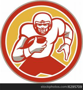 Illustration of an american football gridiron player running back with ball facing front set inside circle done in retro style.. American Football Running Ball Circle Retro