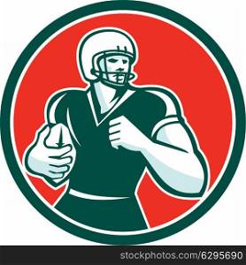 Illustration of an american football gridiron player running back with ball looking to the side set inside circle on isolated background done in retro style.. American Football Running Back Circle Retro