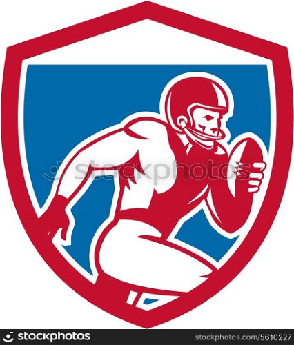 Illustration of an american football gridiron player running with ball facing side set inside shield crest on isolated background done in retro style.. American Football Player Running Shield Retro