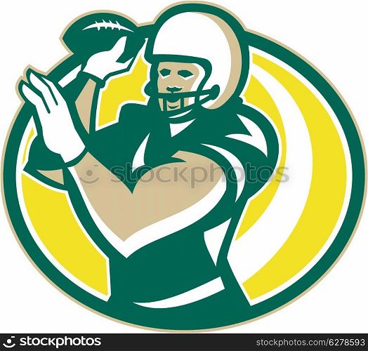 Illustration of an american football gridiron QB quarterback player passing throwing ball facing front set inside oval shape done in retro style.. American Football QB Passing Ball retro