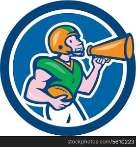 Illustration of an american football gridiron quarterback player holding bullhorn blowhorn shouting facing side set inside circle on isolated background done in cartoon style.. American Football Quarterback Bullhorn Cartoon