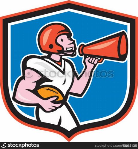 Illustration of an american football gridiron quarterback player holding bullhorn blowhorn shouting facing side set inside crest shield on isolated background done in cartoon style.. American Football Quarterback Bullhorn Shield Cartoon