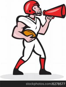 Illustration of an american football gridiron quarterback player holding bullhorn blowhorn shouting facing side on isolated white background done in cartoon style.. American Football Quarterback Bullhorn Isolated Cartoon