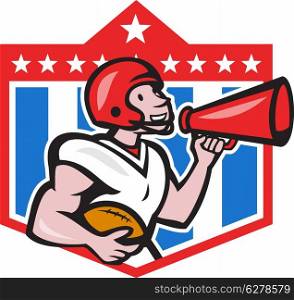 Illustration of an american football gridiron quarterback player holding bullhorn blowhorn shouting facing side set inside crest shield with stars in background done in cartoon style.. American Football Quarterback Bullhorn Cartoon