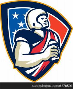 Illustration of an american football gridiron quarterback player holding preparing to throw ball facing front set inside crest shield with stars and stripes flag done in retro style.. American Football Quarterback Shield