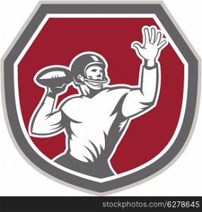 Illustration of an american football gridiron quarterback player throw ball facing front set inside crest shield on isolated background done in retro style.. American Football Quarterback Throw Ball Shield Retro