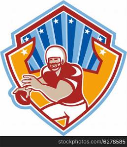 Illustration of an american football gridiron quarterback player throwing ball facing front set inside crest shield with stars and sunburst done in retro style.. American Football Quarterback Star Shield