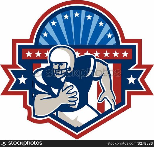 Illustration of an american football gridiron quarterback player throwing ball facing front set inside crest shield with ribbon, stars and sunburst done in retro style on isolated background.