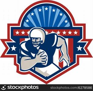 Illustration of an american football gridiron quarterback player throwing ball facing front set inside crest shield with ribbon, stars and sunburst done in retro style on isolated background.
