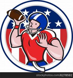Illustration of an american football gridiron quarterback player throwing ball facing front set inside circle with american stars and stripes flag in background done in cartoon style.. Football Quarterback Throwing Circle Cartoon