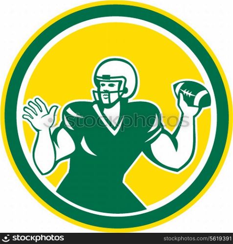 Illustration of an american football gridiron quarterback player throwing ball facing side set inside circle on isolated background done in retro style.. American Football Quarterback QB Circle Retro