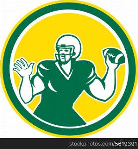 Illustration of an american football gridiron quarterback player throwing ball facing side set inside circle on isolated background done in retro style.. American Football Quarterback QB Circle Retro