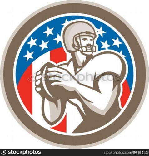 Illustration of an american football gridiron quarterback player throwing ball facing side set inside circle with stars in background done in retro style.. American Football Quarterback QB Circle Retro