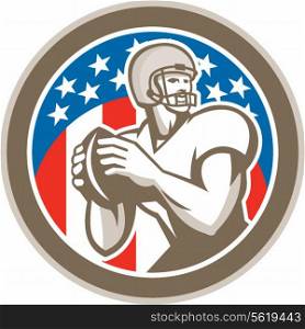 Illustration of an american football gridiron quarterback player throwing ball facing side set inside circle with stars in background done in retro style.. American Football Quarterback QB Circle Retro