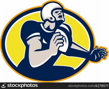 Illustration of an american football gridiron quarterback player throwing ball facing side set inside oval shape done in retro style.. American Football Quarterback Retro Oval