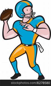 Illustration of an american football gridiron quarterback player throwing ball facing side on isolated background done in cartoon style.. American Football Quarterback QB Throwing Cartoon