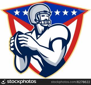 Illustration of an american football gridiron quarterback player throwing ball facing side set inside crest shield with stars and stripes flag done in retro style.. American Football Quarterback Throw Ball