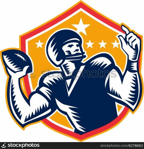 Illustration of an american football gridiron quarterback player throwing ball facing side set inside crest shield with stars in background done in retro woodcut style.. American Football Quarterback QB Woodcut