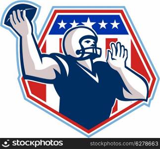 Illustration of an american football gridiron quarterback player throwing ball facing side set inside crest shield with stars and stripes flag done in retro style.. American Football Quarterback Shield