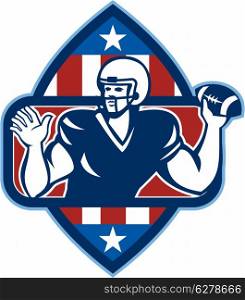 Illustration of an american football gridiron quarterback player throwing ball facing side set inside crest shield with stars and stripes flag done in retro style.