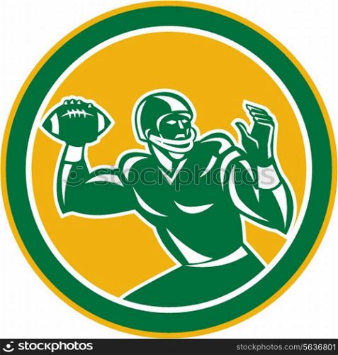 Illustration of an american football gridiron quarterback player throwing passing ball facing side set inside circle on isolated background done in retro style.. American Football Quarterback Circle Retro