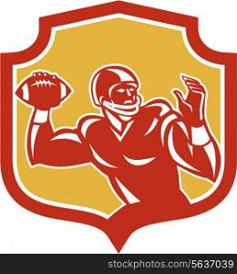 Illustration of an american football gridiron quarterback player throwing passing ball facing side set inside crest shield on isolated background done in retro style.. American Football Quarterback Shield Retro