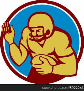 Illustration of an american football gridiron quarterback qb player holding ball fending off defend set inside circle on isolated background done in retro style. . American Football Player Fend Off Circle Retro