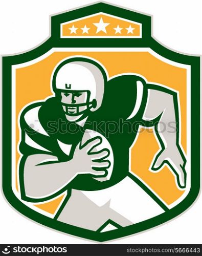 Illustration of an american football gridiron quarterback qb player holding ball running viewed from the front set inside shield crest with stars done in retro style. . American Football QB Player Running Shield Retro