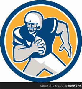 Illustration of an american football gridiron quarterback qb player holding ball running viewed from front set inside circle on isolated background done in retro style.
