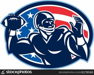 Illustration of an american football gridiron quarterback QB player throwing ball facing side set inside oval with USA stars and stripes flag done in retro style.. Quarterback QB Throwing Ball Retro
