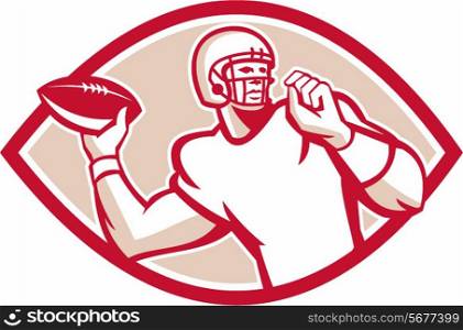 Illustration of an american football gridiron quarterback qb throwing ball set inside circle on isolated background done in retro style. . American Football QB Throwing Oval Retro