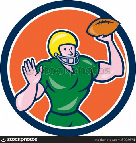 Illustration of an american football gridiron quarterback qb throwing ball set inside circle on isolated background done in cartoon style. . American Football QB Throwing Circle Retro