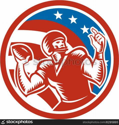 Illustration of an american football gridiron quarterback qb throwing ball set inside circle with american stars and stripes in the background done in retro style. . American Football QB Throwing USA Flag Retro
