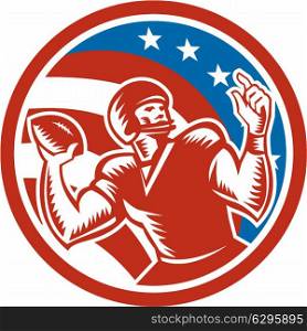 Illustration of an american football gridiron quarterback qb throwing ball set inside circle with american stars and stripes in the background done in retro style. . American Football QB Throwing USA Flag Retro