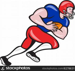 Illustration of an american football gridiron running back player running rushing with ball facing side on isolated background done in cartoon style.. American Football Running Back Rushing