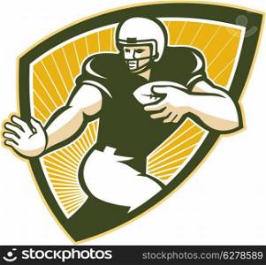 Illustration of an american football gridiron running back player running with ball facing front done in retro style set inside shield.. American Football Running Back Shield