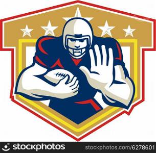 Illustration of an american football gridiron running back player running with ball facing front fending set inside shield done in retro style.. American Football Running Back Fending Shield