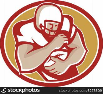 Illustration of an american football gridiron running back player running with ball facing front fending set inside shield done in retro style.. American Football Running Back Oval Retro