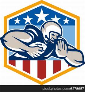 Illustration of an american football gridiron running back player running with ball facing front fending off with arm set inside USA stars and stripes crest shield done in retro style.. American Football Running Back Fend-Off Crest