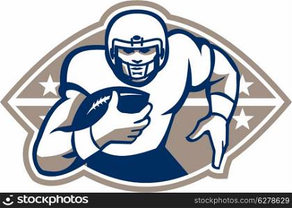 Illustration of an american football gridiron runningback player running with ball facing front done in retro style.. American Football Runningback Star Front