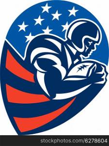 Illustration of an american football gridiron rushing running back player running with ball facing side set inside shield shape done in retro style.. American Football Rushing Running Back